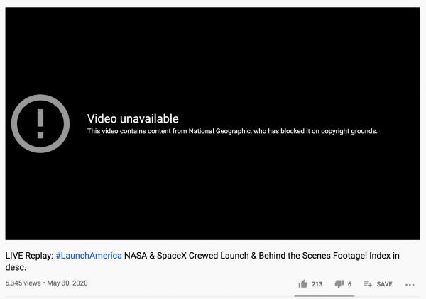 Запуск корабля SpaceX видел весь мир, но пересмотреть на YouTube не мог никто. А вcё из-за National Geographic