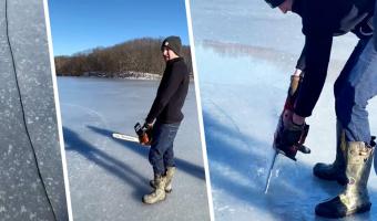 Парни вырезали посреди замёрзшего озера круг льда. Это трюк, и он для тех, кто не знает: страх уже изобрели