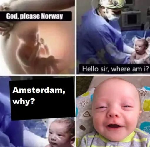 "Господи, пожалуйста, Норвегия", - молит младенец, но увы. Мем разбивает в щепки его мечты о светлом будущем