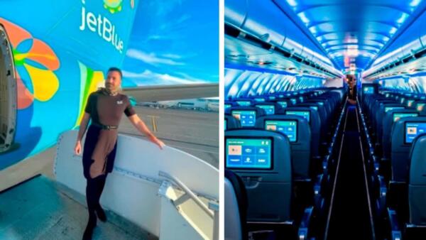 В авиакомпании из США новый бортпроводник, на нём надето платье и у него щетина