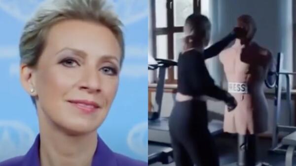Мария Захарова избила манекен с надписью press в поддержку российских олимпийцев