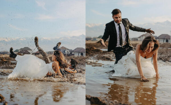 Казахстанский фотограф превратил свадебный конфуз в эпичные снимки. На фото невеста красиво падает в грязь