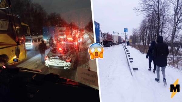 Снежная блокада длиной в день. Как петербуржцы пешком выбираются из адской пробки на Московском шоссе