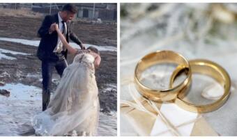Фотограф из Алма-Аты обратил свадебный конфуз в эпичные снимки. В кадре невеста красиво падает в грязь