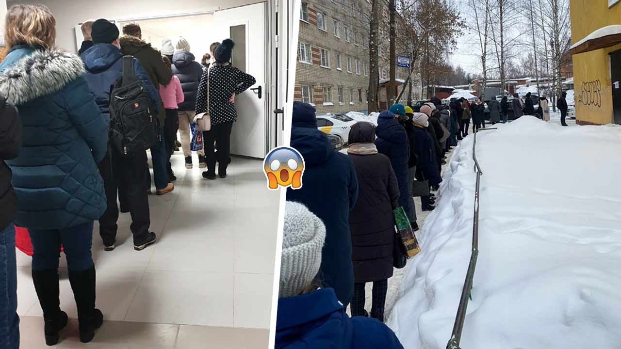 Как россияне стоят в очередях в поликлиники. На видео – толпы заболевших мёрзнут на улицах