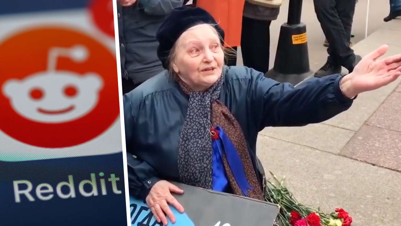 Кадры с пенсионеркой из России возмутили Reddit. В видео толпа пинает антивоенные плакаты активистки