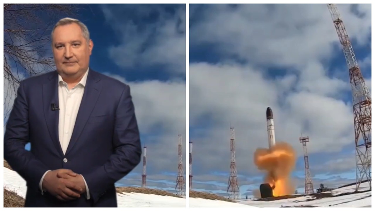 Рогозин поздравил РФ стихом из «Брата-2». Зачитал «Всех люблю на свете» на фоне взлёта ракеты «Сармат»