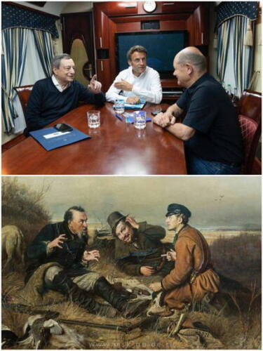 Фото из поезда с Макроном, Шольцом и Драги попало в мемы. В них политики играют в нарды