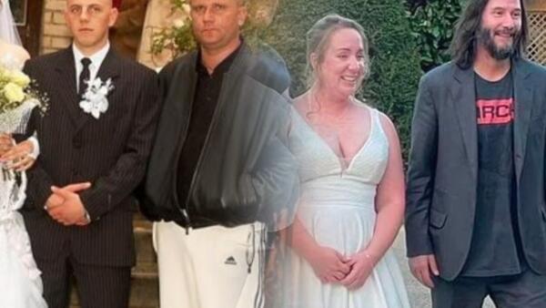 Киану Ривз на свадьбе британской пары будто из мема. На фото выглядит как "Свидетель из Фрязино"