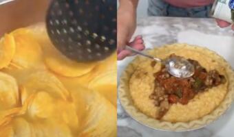 Блогерша на видео готовит пирог из Pringles. Мешает чипсы с консервами, пока за ней смотрит таракан