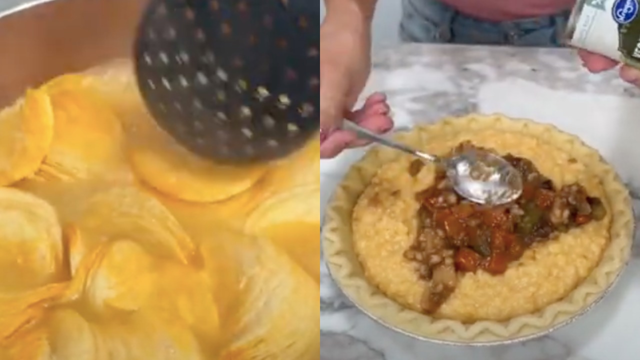 Блогерша на видео готовит пирог из Pringles. Мешает чипсы с консервами, пока за ней смотрит таракан