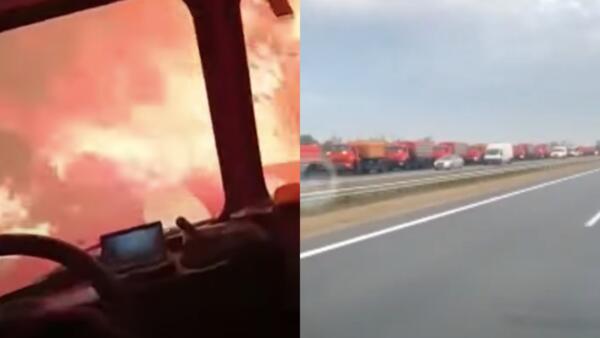 На видео пожаров в Рязанской области – крики спасателей. Едут через горящий лес, но глохнет авто