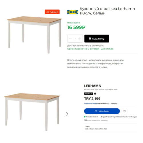 CDEK теперь доставляет товары IKEA из Турции. На платформе Shopping -- кухонный стол в два раза дороже