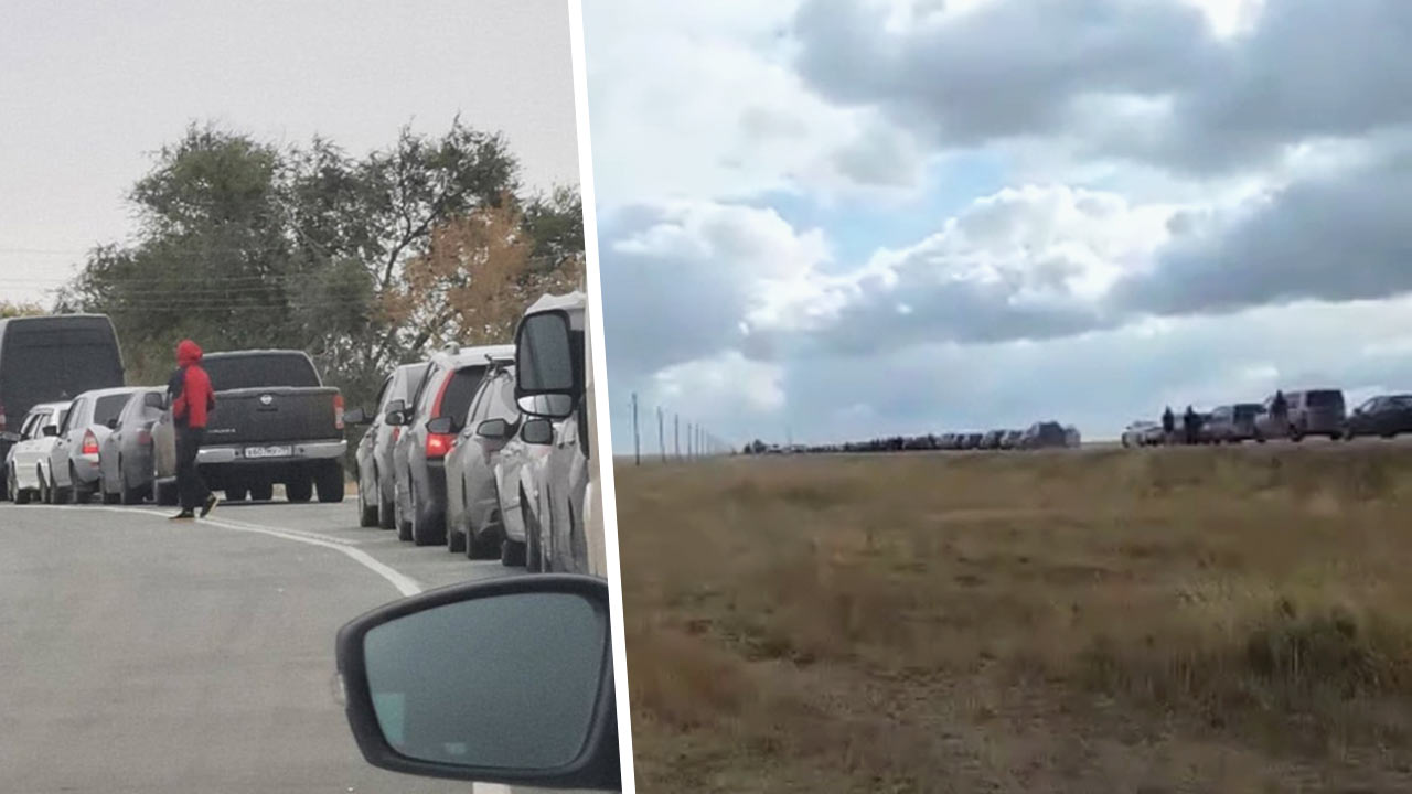 Уезжающие из РФ готовят у трассы и спят в поле, стоя в километровых пробках у границ с Казахстаном