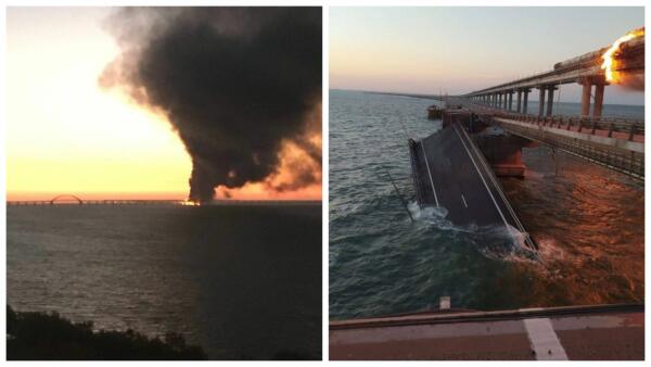 Как выглядит Крымский мост после взрыва. На кадрах -- обломки асфальта и обгоревшая железная дорога