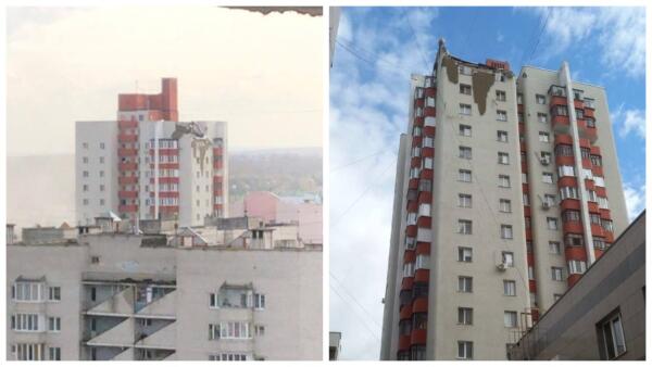 На видео из Белгорода обломок ракеты падает на многоэтажку. На кадрах -- дым, повреждённые дом и авто