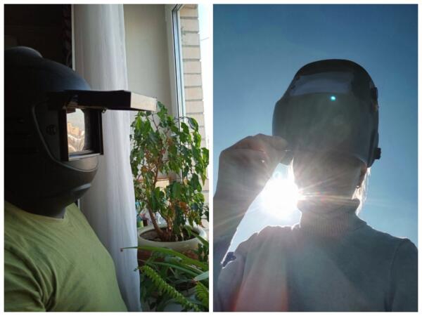 Как россияне встретили солнечное затмение. На фото смотрят на небо в сварочных масках и через плёнку