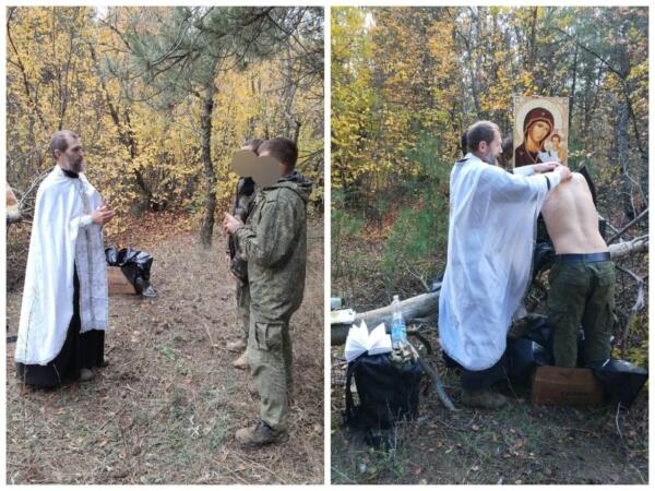 Священник покрестил участников СВО в "похоронном" пакете. На фото военный стоит в коробке у иконы