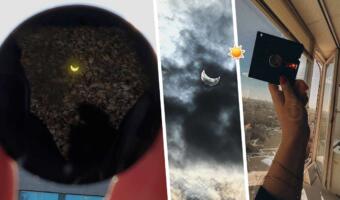 Как россияне встретили солнечное затмение. На фото смотрят на небо в сварочных масках и через плёнку