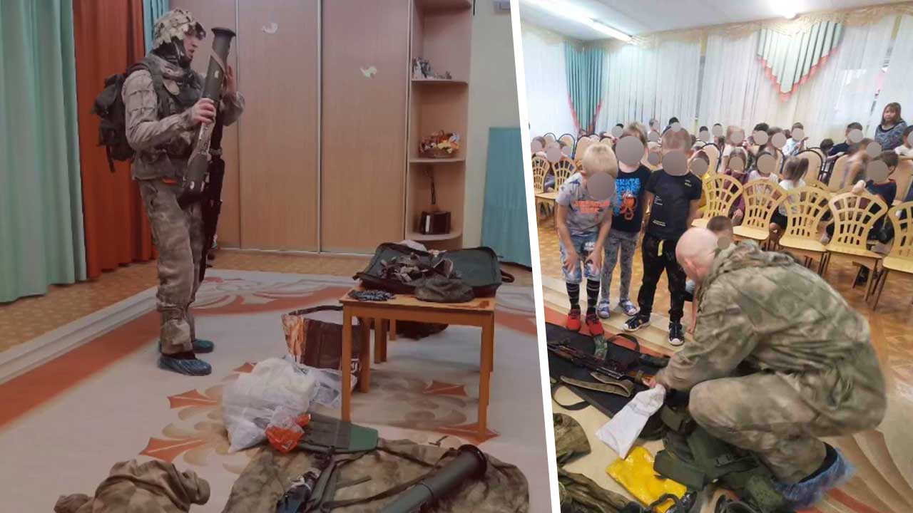 Патриотический урок в детсаду возмутил рунет. На фото военный показывает дошкольникам оружие