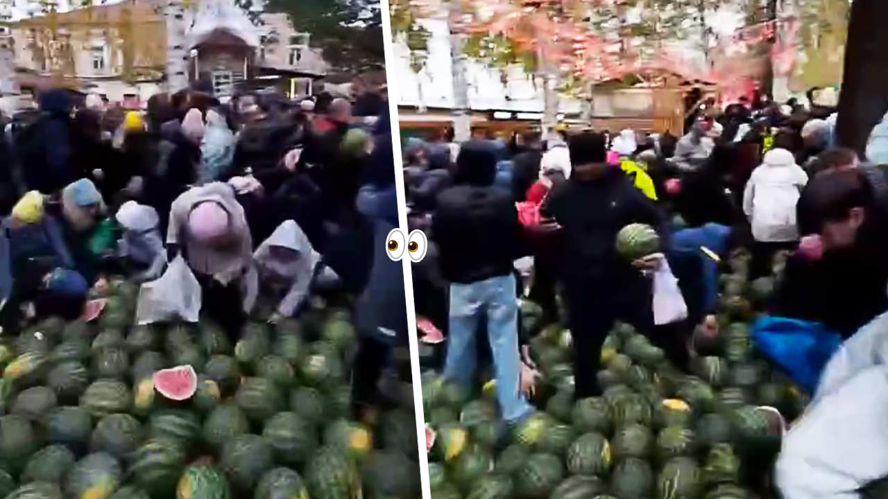 В парке Ижевска посетители устроили битву за бесплатные арбузы на видео