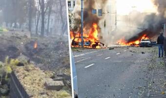 На видео из Киева видны последствия взрывов. На кадрах горят машины, мост и улицы
