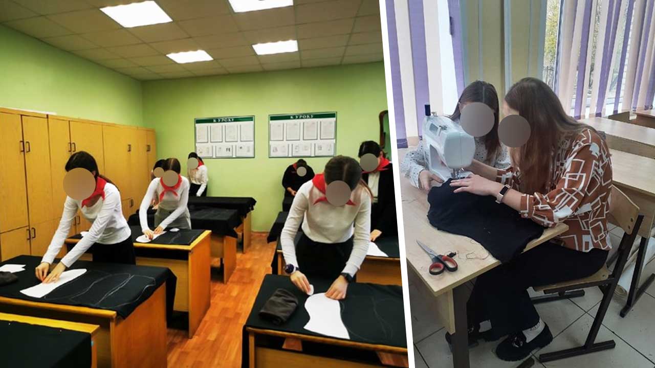 Ученики российских школ шьют одежду для участников СВО. На фото позируют с балаклавами