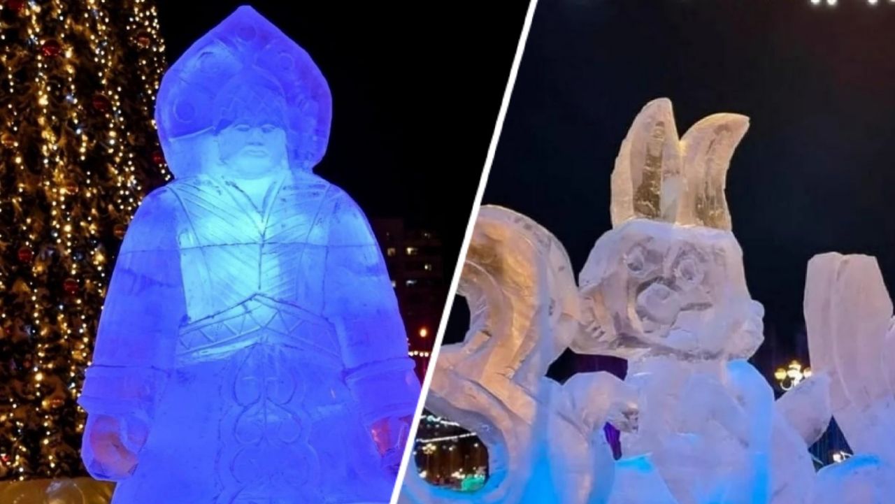 Как похорошели суровые ледяные фигуры в Нижневартовске. Скульптуры «До» и «После» — мем про 2022 год