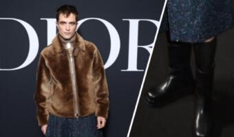 Роберт Паттинсон пришёл на показ Dior в шубе и твидовой юбке. Напомнил типичную пенсионерку из России