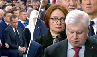 Мрачная Набиуллина и прикорнувший Медведев. Как зал слушал послание Путина Федеральному Собранию
