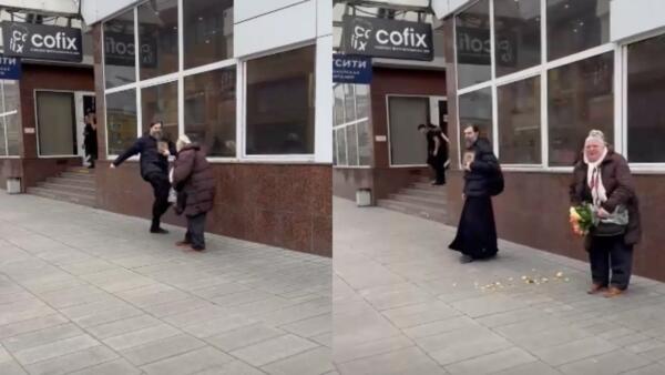 Мужчина в рясе пинает пенсионерку в Москве на видео. Он – просил милостыню, она – продавала цветы