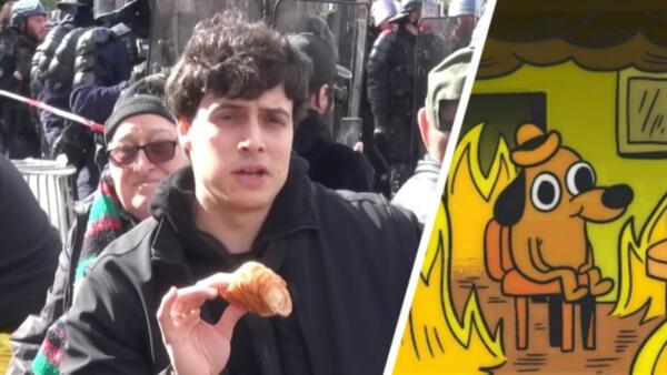 Итальянец ищет лучший круассан в Париже на фоне протестов. Обозревает выпечку в духе мема This is fine