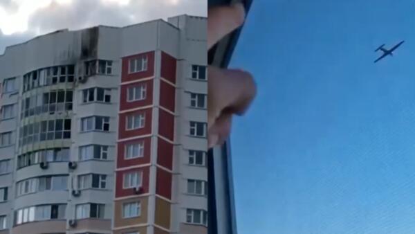 На видео Москву атакуют беспилотники. БПЛА врезался в дома на Профсоюзной улице и Ленинском проспекте