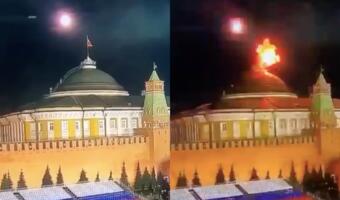 На видео беспилотник врезается в шпиль резиденции Путина в Кремле. Виден пожар и столб белого дым