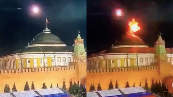 На видео беспилотник врезается в шпиль резиденции Путина в Кремле. Виден пожар и столб белого дым
