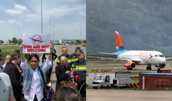 Как протестующие в Грузии встретили первый рейс из РФ. На видео спрашивают цель визита и кричат: «Рабы»