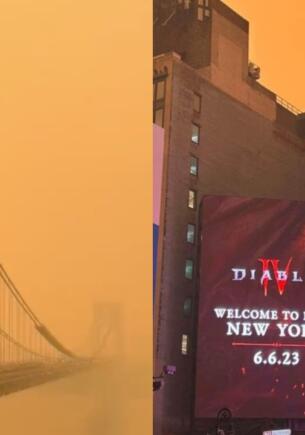 «Добро пожаловать в ад». На фото Нью-Йорка, окутанного смогом, реклама Diablo приглашает в преисподнюю