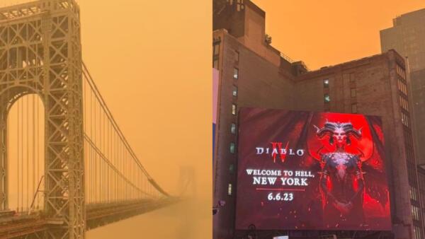 На кадрах из Нью-Йорка, окутанного смогом, плакат Diablo зазывает в ад. Из-за пожаров город стал жёлтым