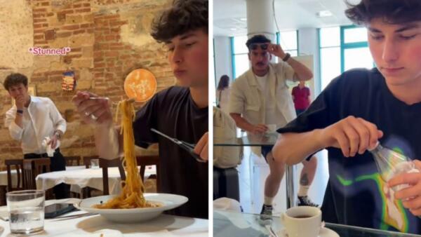 Как тиктокер раздражает итальянцев в ресторанах. На видео режет спагетти и добавляет воду в кофе