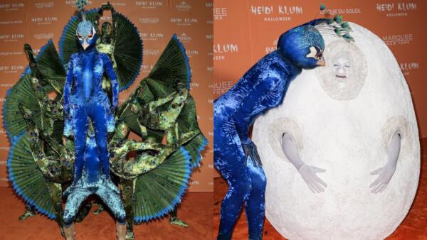 Хайди Клум на Хэллоуин нарядилась в павлина. Хвост и лапы птицы показали 10 артистов Cirque du Soleil