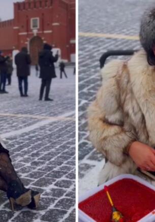 «Шиковать запрещается». Россиянку в шубе задержали за съёмки с красной икрой на Красной площади