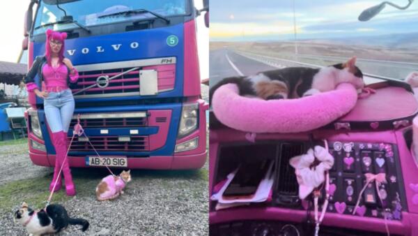 Дальнобойщица «Румынская Барби» – звезда тиктока. Девушка ездит на розовом грузовике с двумя кошками