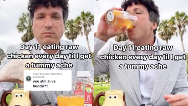 Блогер 27 дней ест сырую курицу . На видео элегантно запивает мясо сырыми яйцами из бокала для мартини